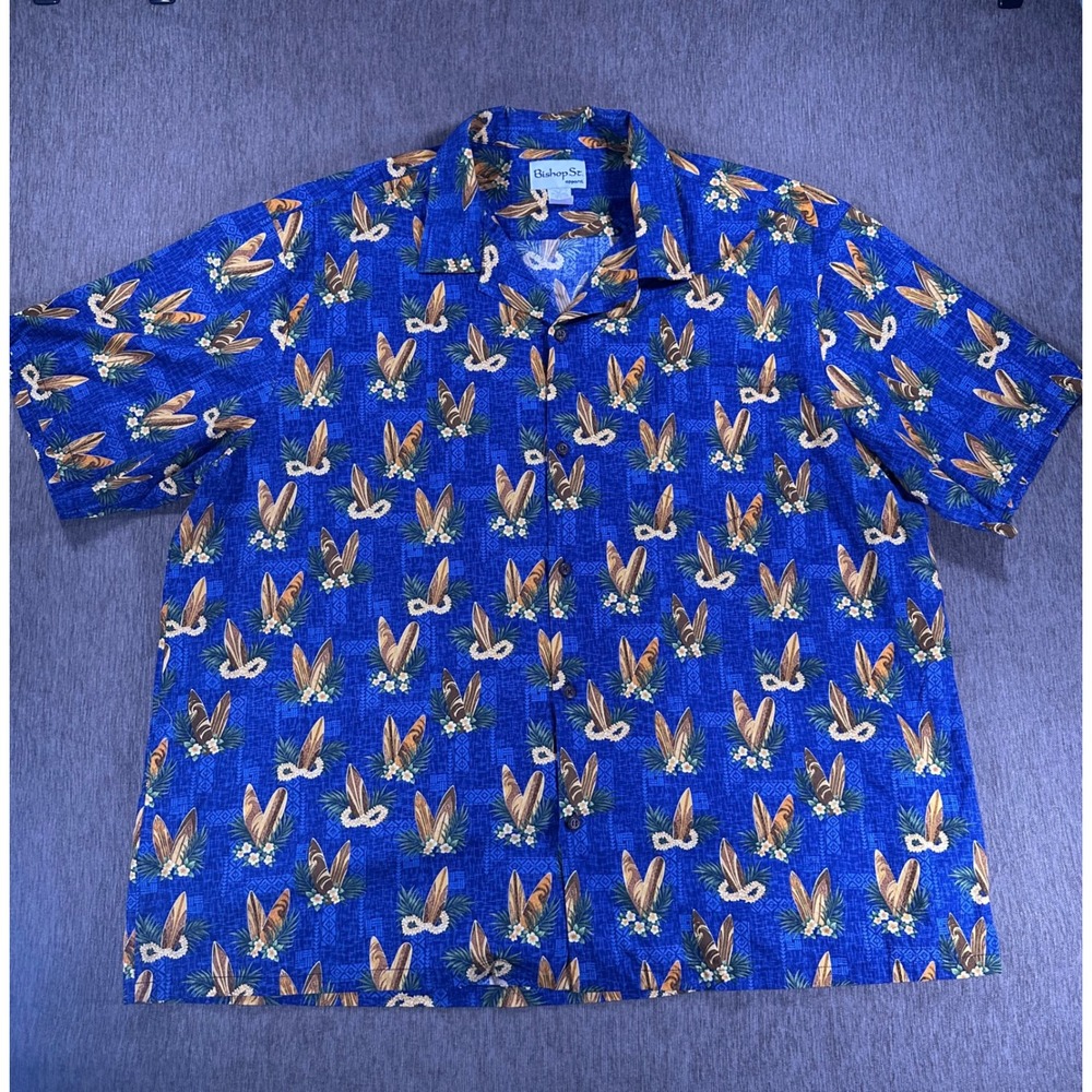 Bishop St Apparel Mens 5XL Blue Surfboard Floral‎ Hawaii Cotton Aloha Shirt